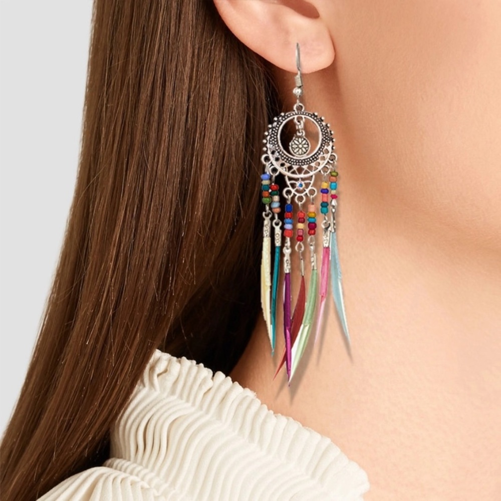 BOGO Jewel Tone Boho Feather Silver Earrings - Picture 6 of 8